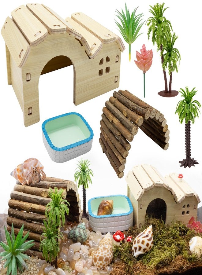 Niuohoy Hermit Crab Kit Hideout Water Pool Tank Decorative Accessories with Palm Tree Decorations Enrichment Toy for Turtles Lizard Frog Gecko Chameleons - Image 1